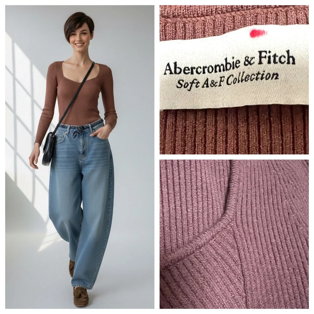 Abercrombie Fitch LuxeLoft Top Women's Ribbed Sweetheart Neck Brown Sz S Preppy - Picture 15 of 16